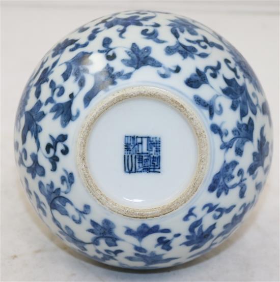 A Chinese blue and white lotus bottle vase, Yongzheng mark, 19th century, 21cm, neck restored